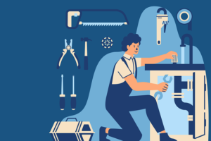 Illustration of a plumber fixing a sewage overflow issue  